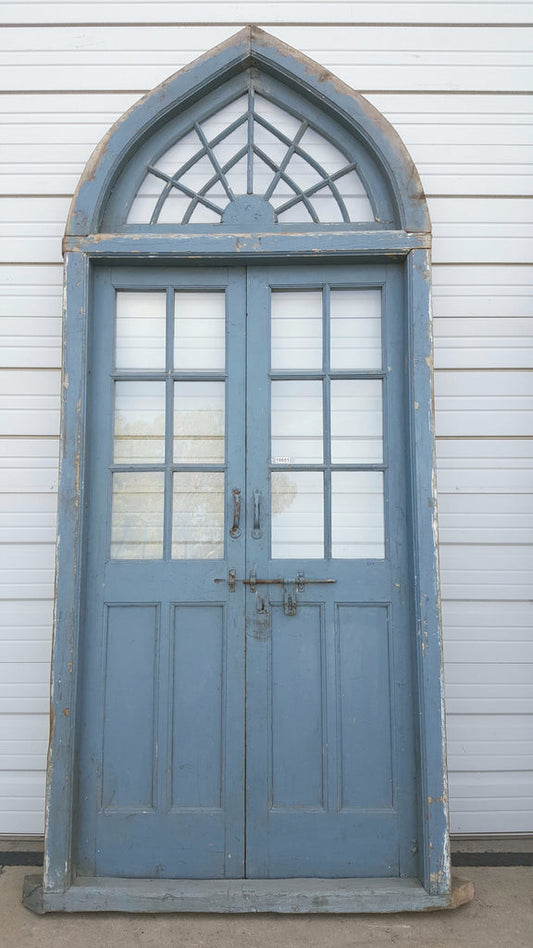 Pair of 2 Panel 6 Lite Blue Doors 
with Spiderweb Transom