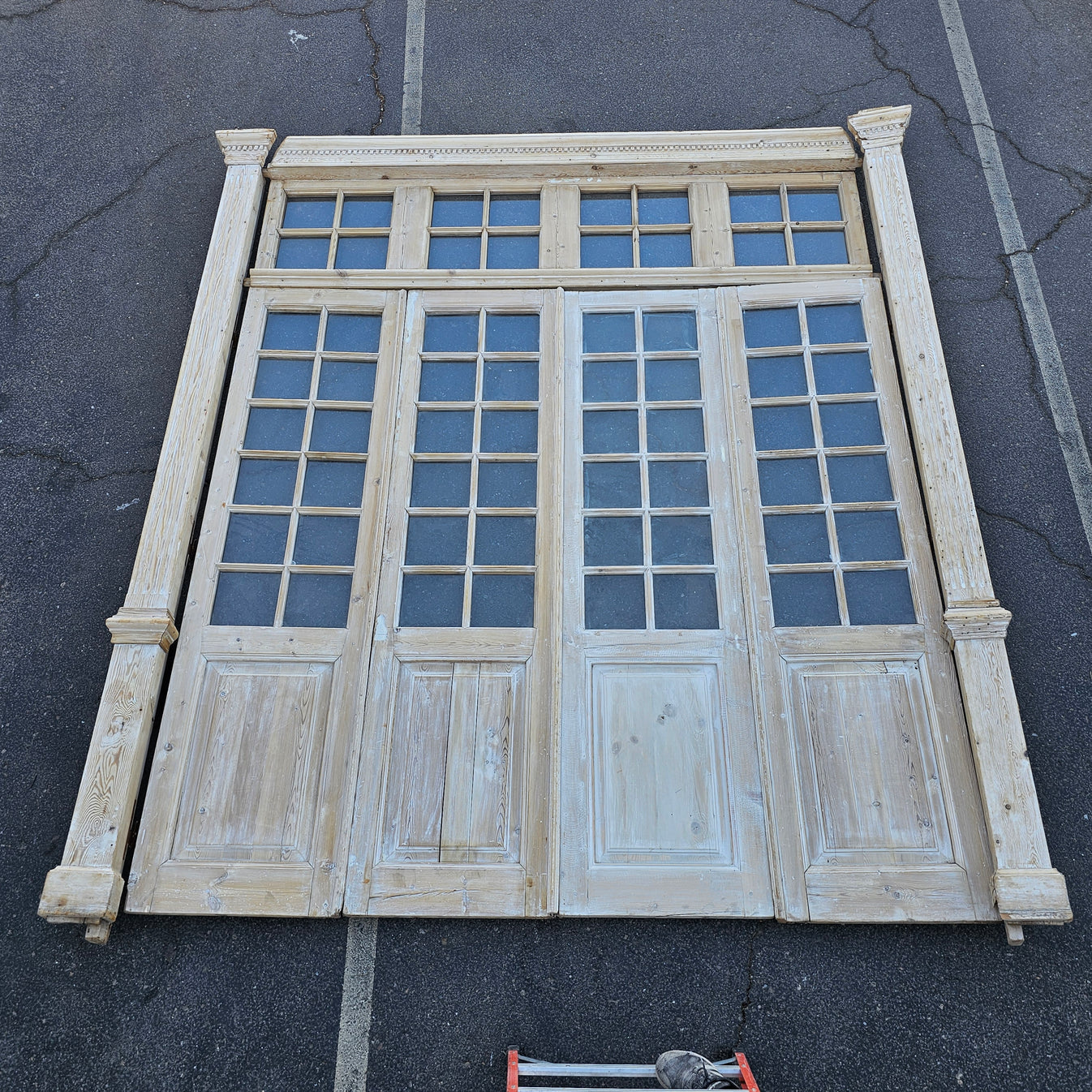 Set of 4 Washed Wood Doors and Transom with 64 Glass Panes