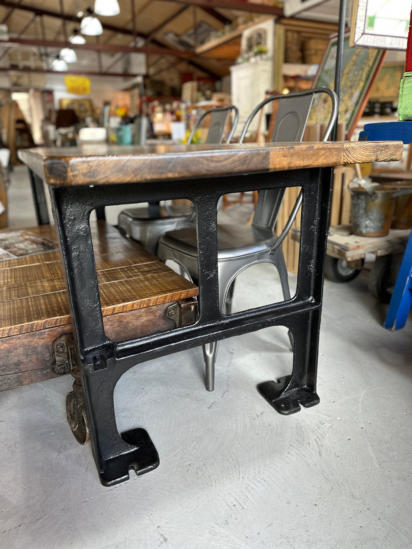 Oak Top Dining Table with Cast Iron Base