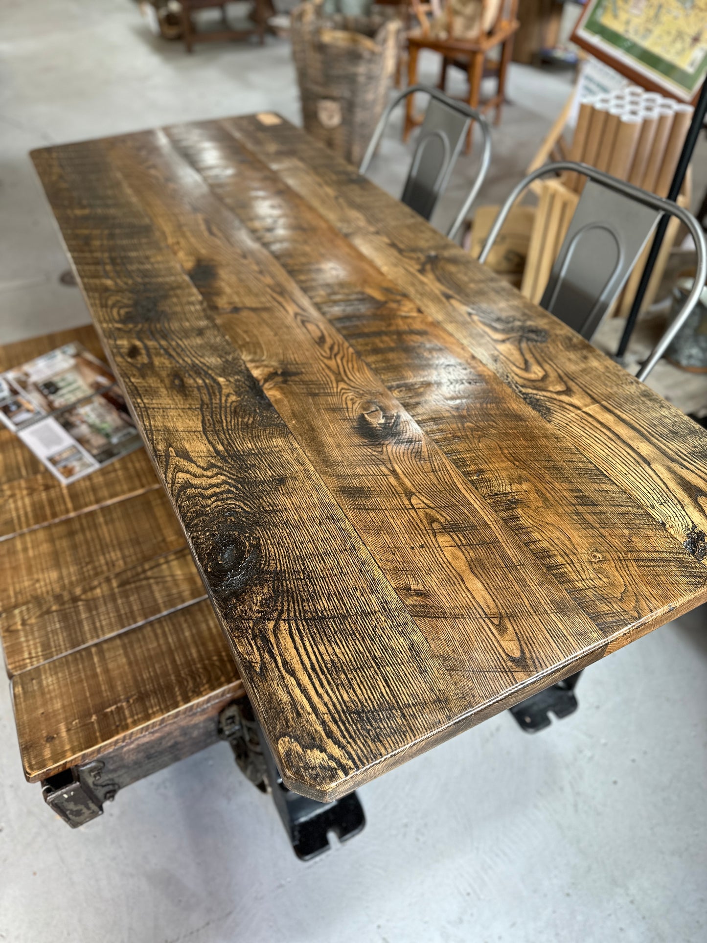 Oak Top Dining Table with Cast Iron Base