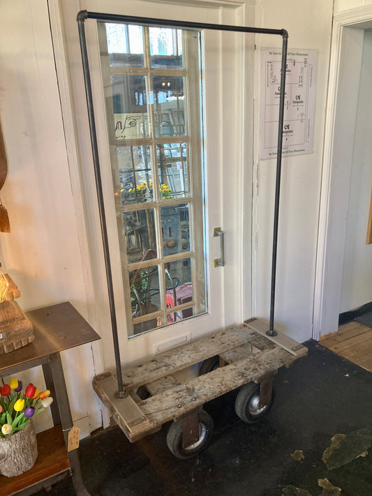 Industrial Push Cart with Iron Pipe Coat Rack, Clothing Rack
