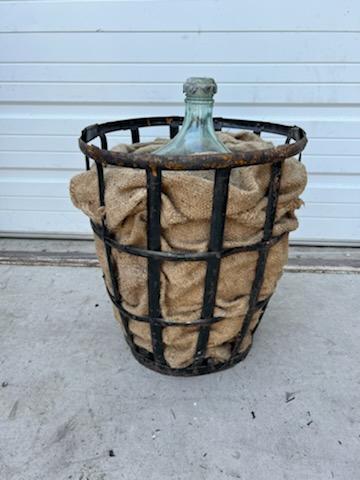 Large French Demijohn in Metal Basket