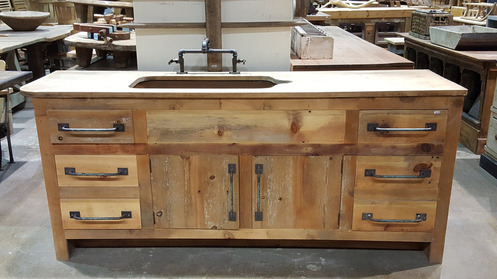 Reclaimed Wood Kitchen Counter Top with Copper Sink and Faucet