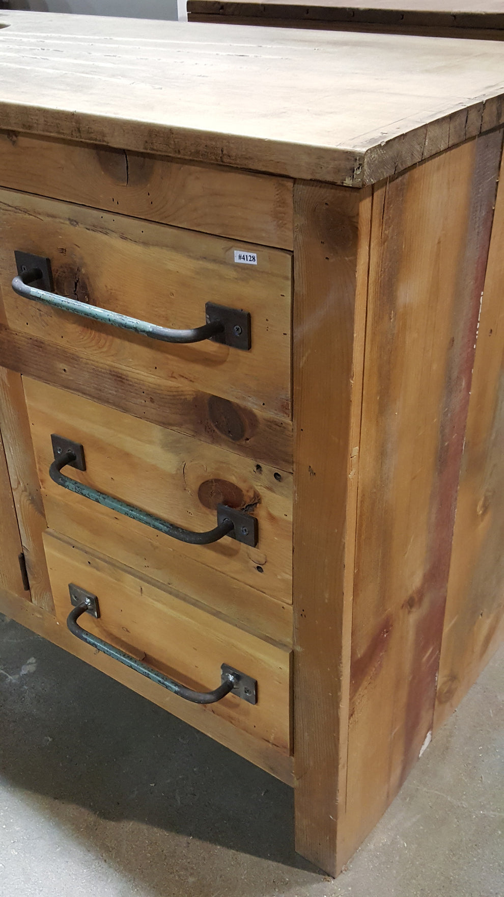 Reclaimed Wood Kitchen Counter Top with Copper Sink and Faucet