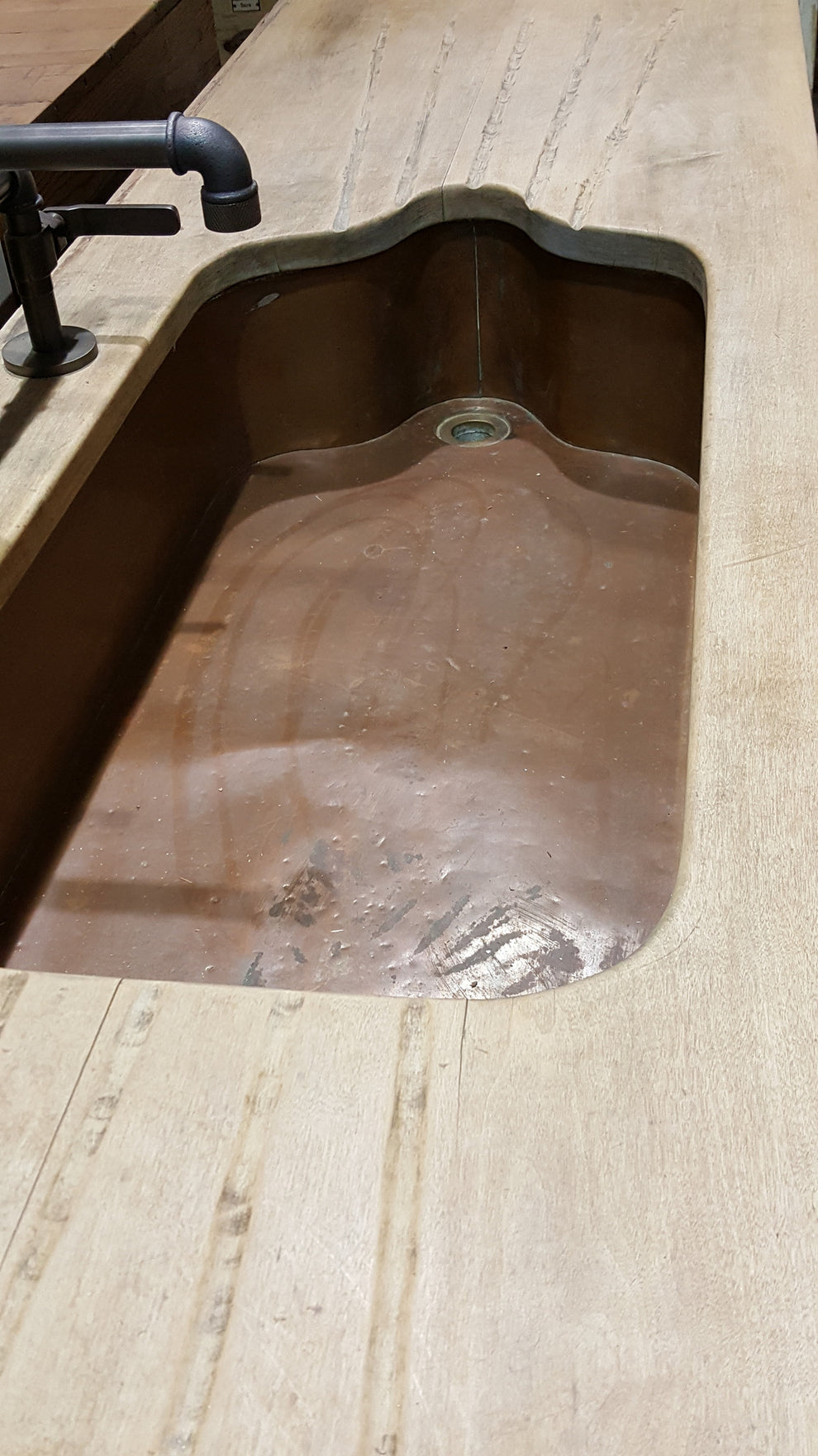 Reclaimed Wood Kitchen Counter Top with Copper Sink and Faucet