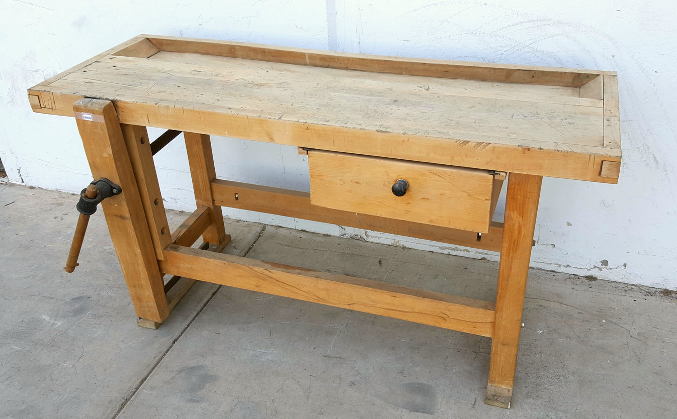 Antique Wood Work Table with Vise