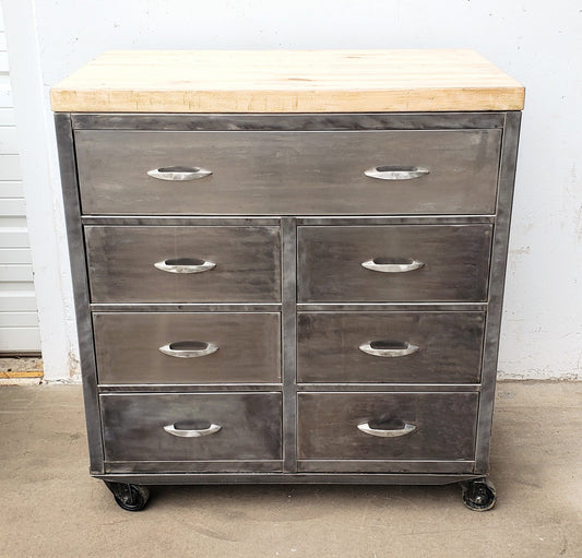 Stripped Metal Cabinet with Wood Top on Casters