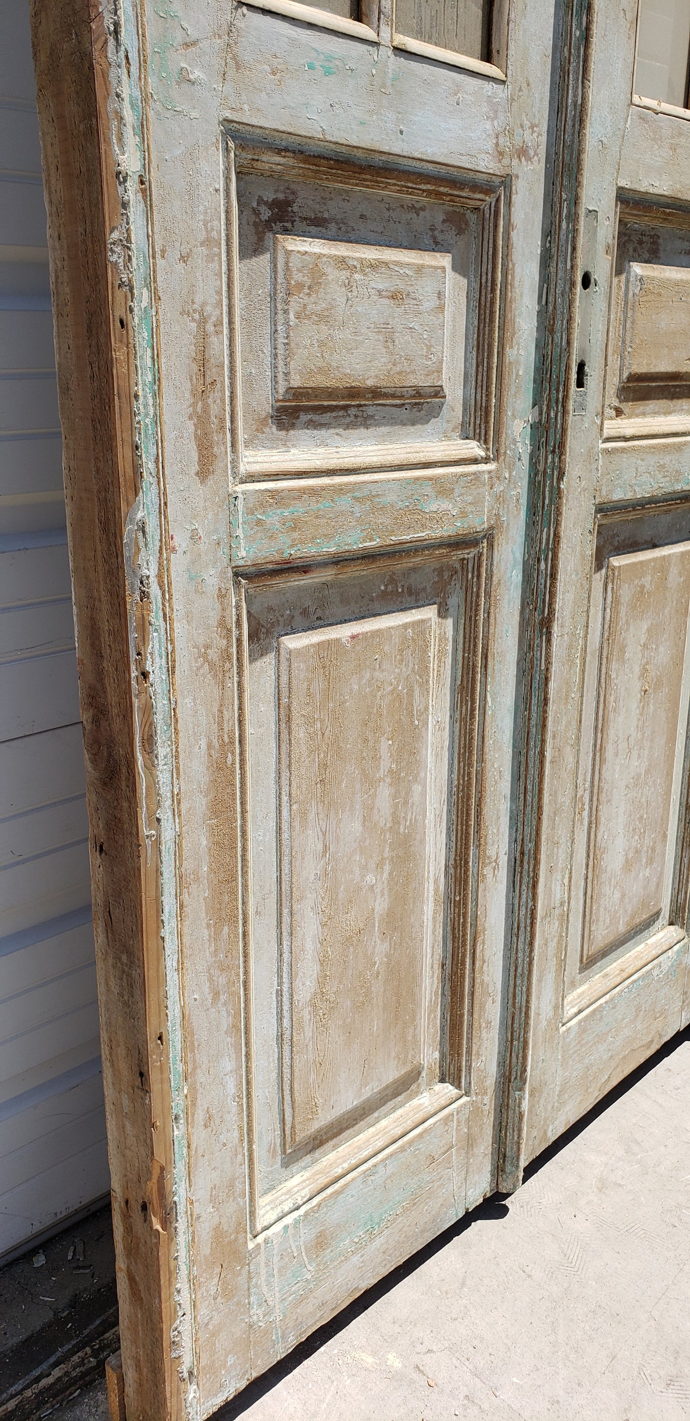 Pair of 8-Lite Wood Doors with Stained Glass Arched Transom