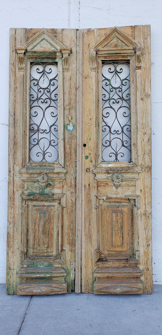 Pair of Wood Antique Carved Doors with Iron Insert
