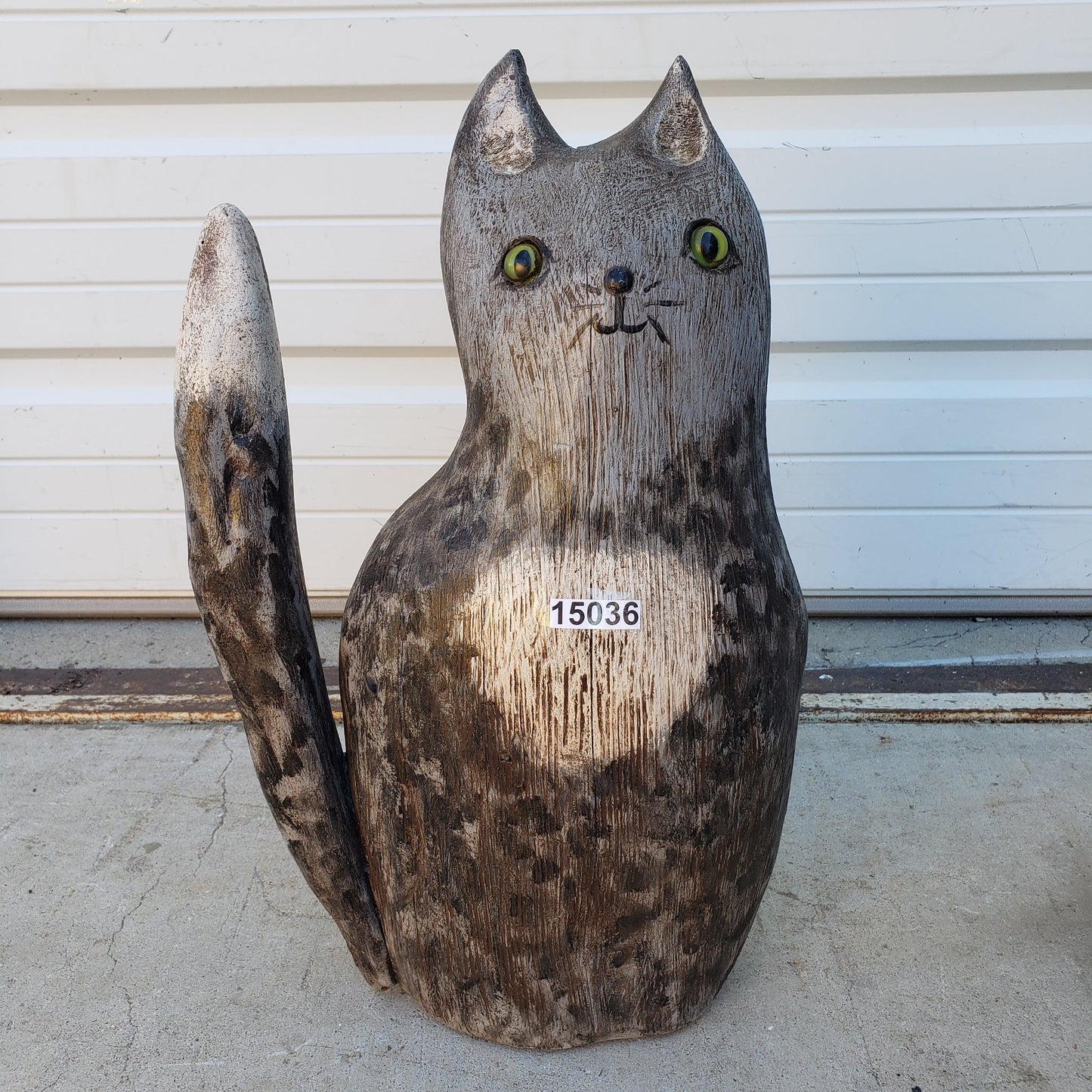 Folk Art Carved Gray Cat Statue