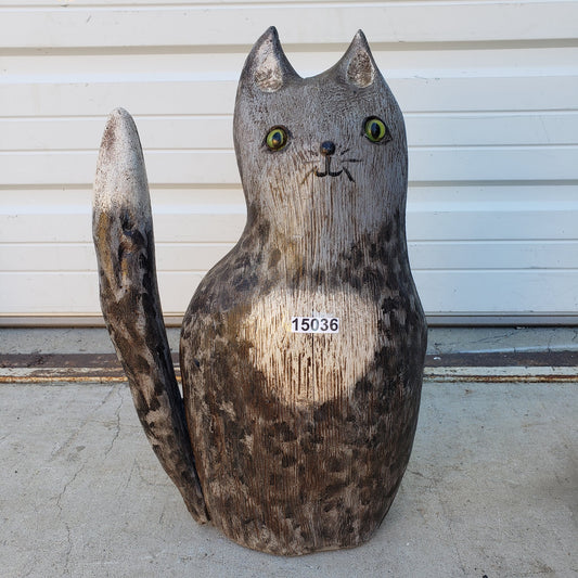 Folk Art Carved Gray Cat Statue