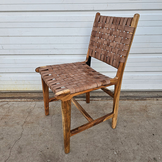 Wood Dining Chair w/ Woven Leather Seat and Back