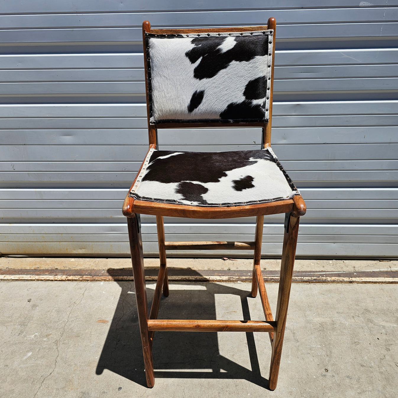 Wood Bar Stool With Black & White Hide/Leather