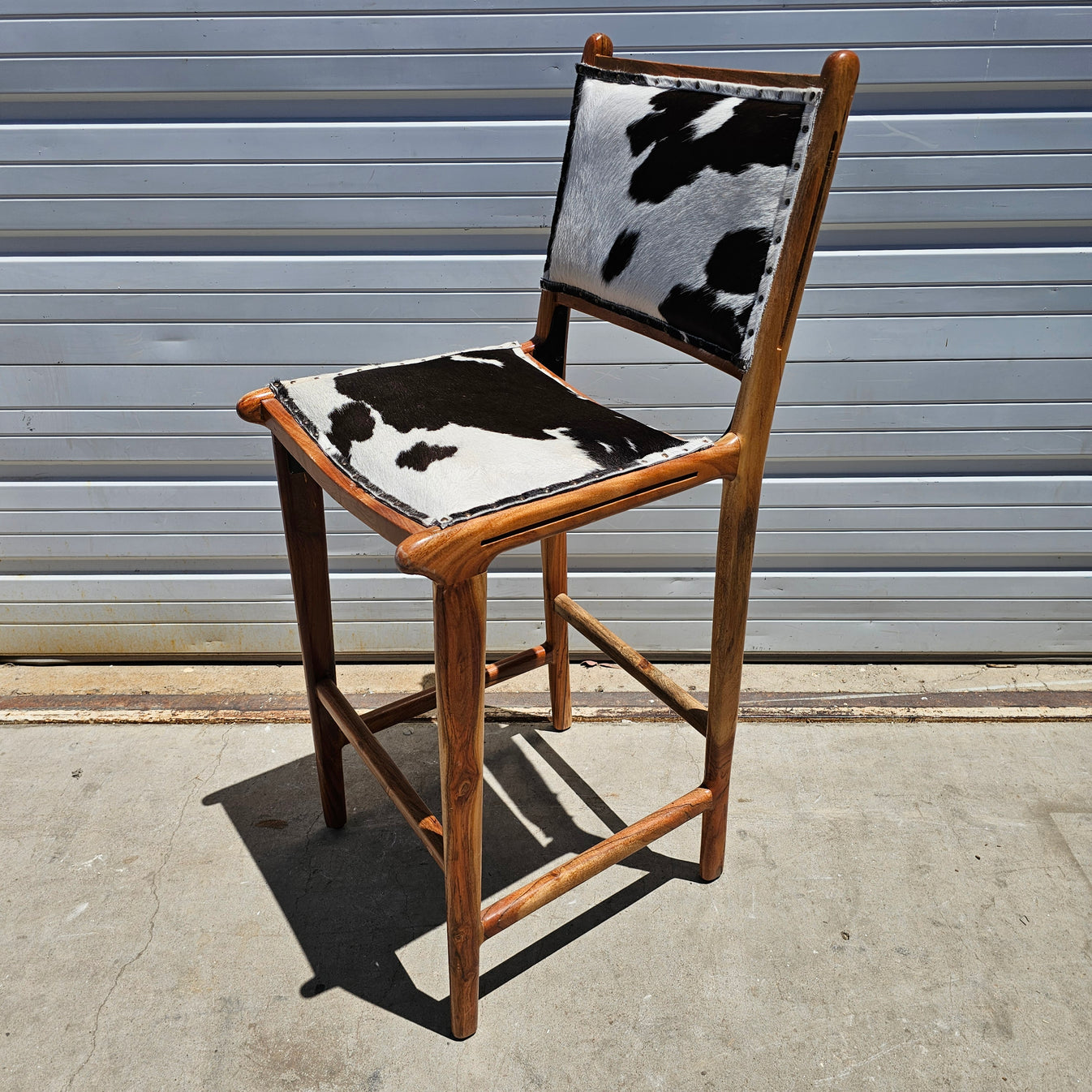 Wood Bar Stool With Black & White Hide/Leather