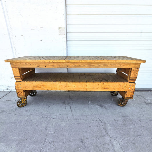 Industrial Wooden Work Table/Island on Casters