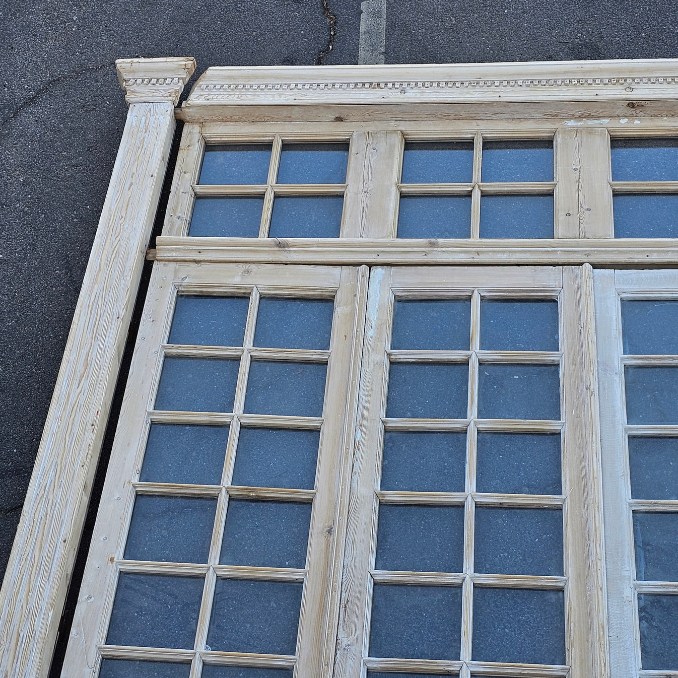 Set of 4 Washed Wood Doors and Transom with 64 Glass Panes