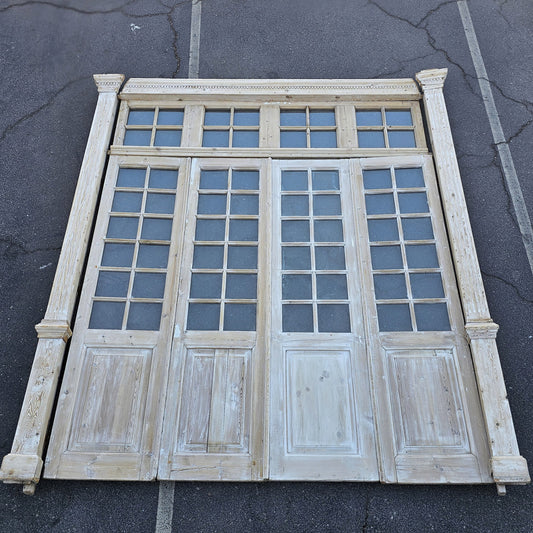 Set of 4 Washed Wood Doors and Transom with 64 Glass Panes