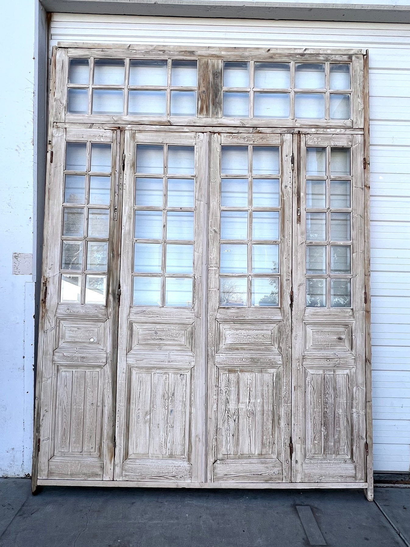 Set of 4 Washed Wood Doors and Transom with 56 Lites