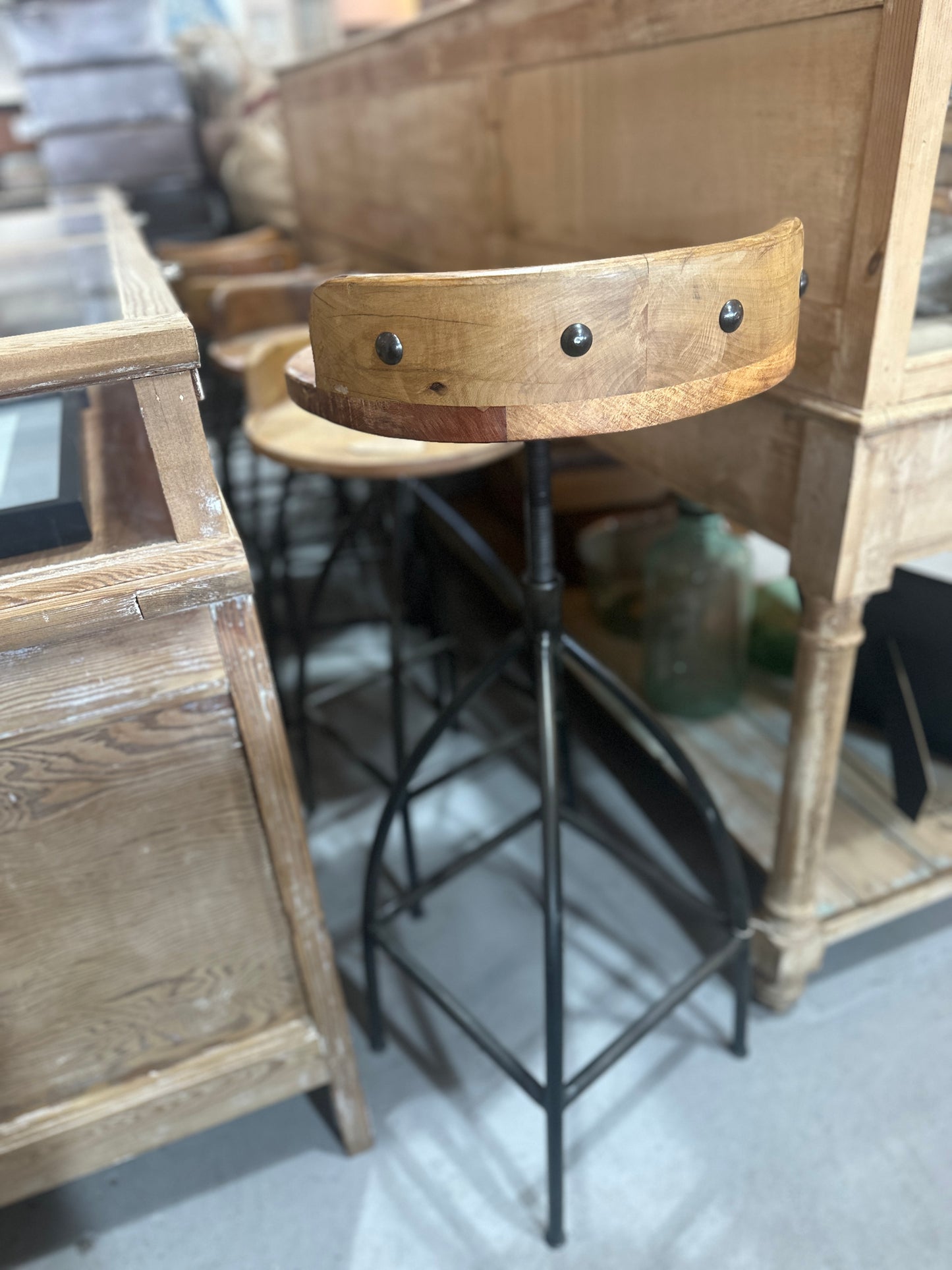 Adjustable Wood and Iron Low Back Stool