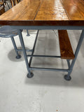 Repurposed Pipe Leg Work Table with Wood Top and Folding Seats