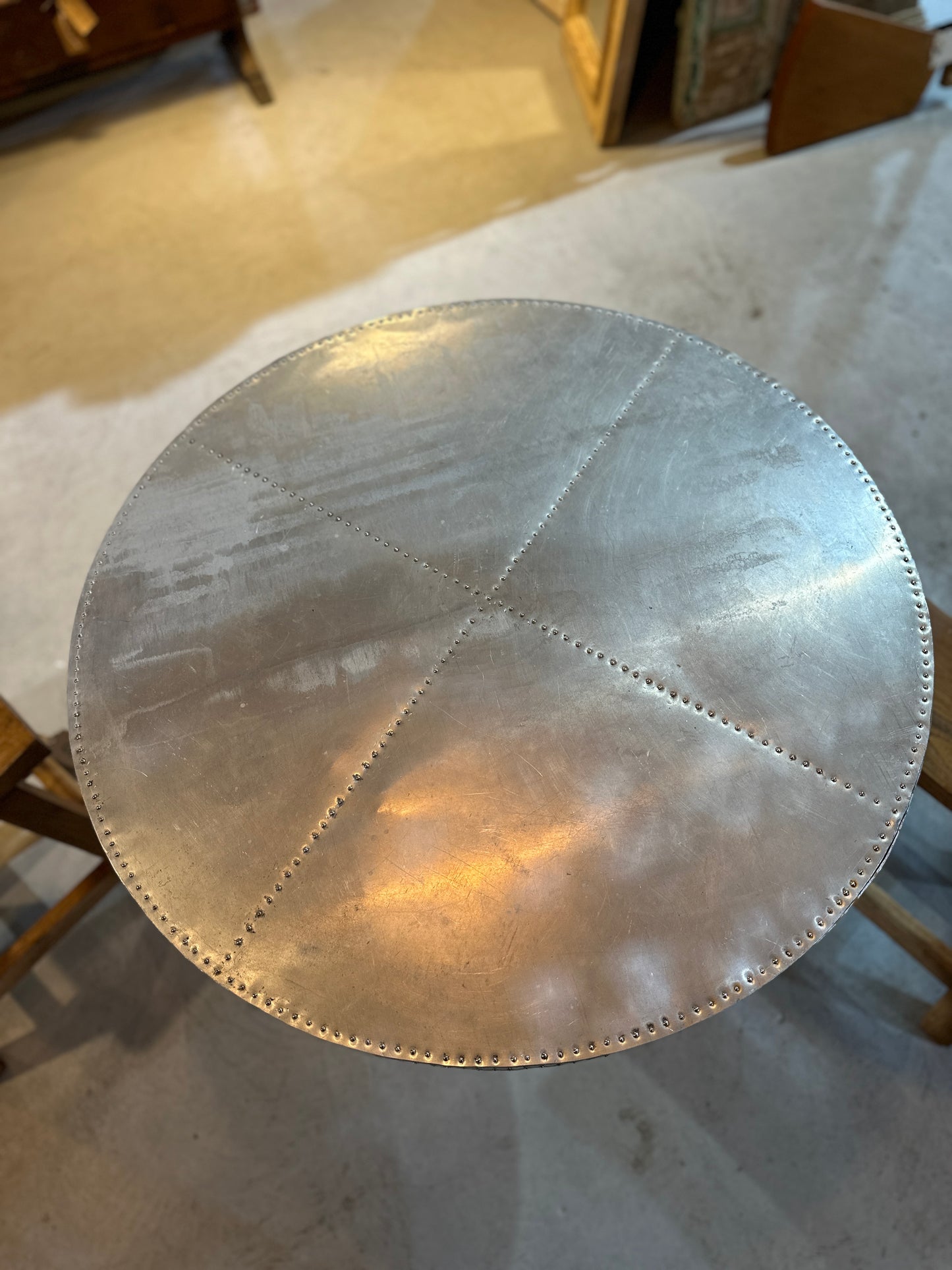 Iron Base Side Table with Stainless Steel Riveted Top