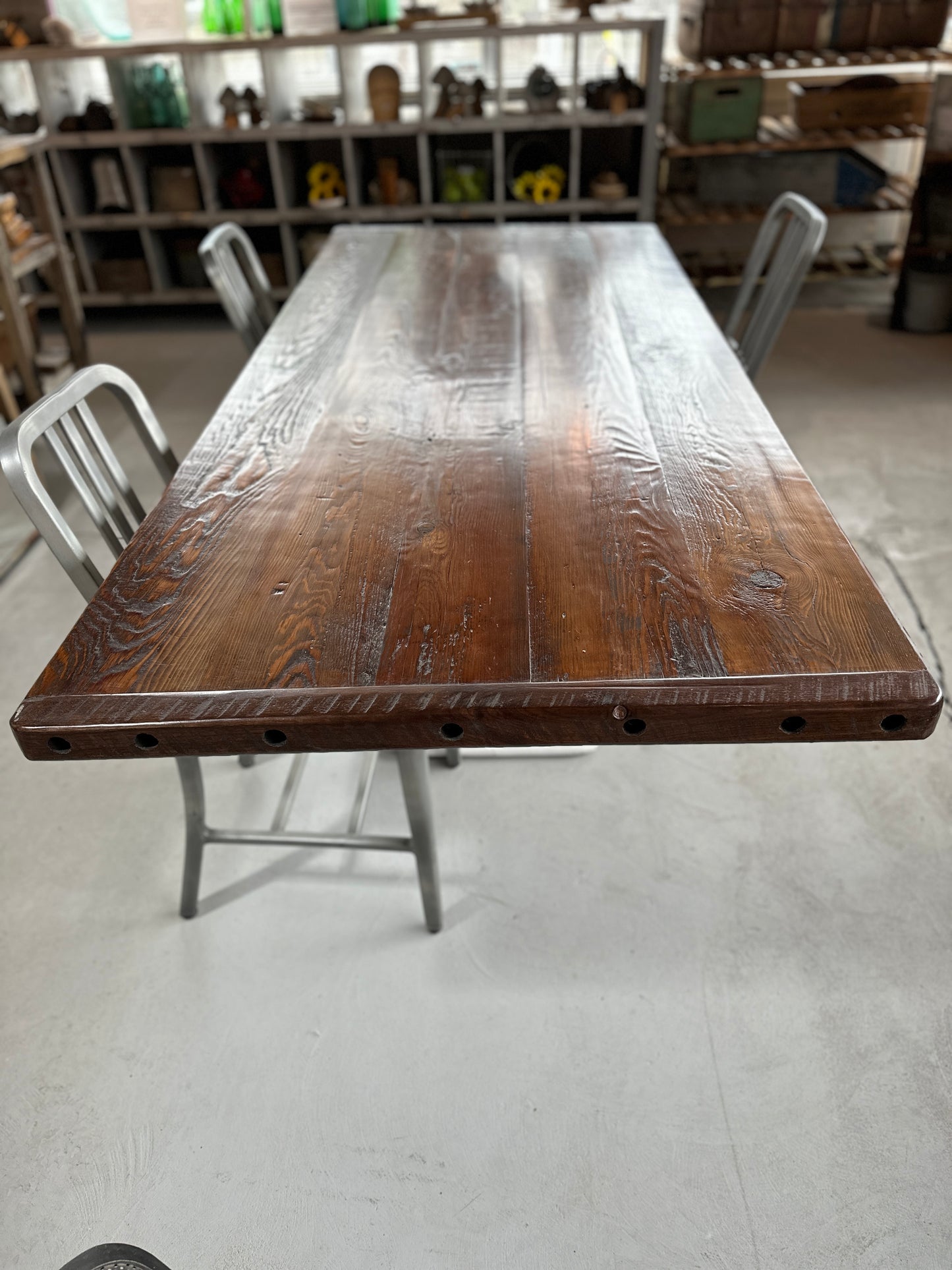 Reclaimed Wood Dining Table on Cast Iron Pedestal Base