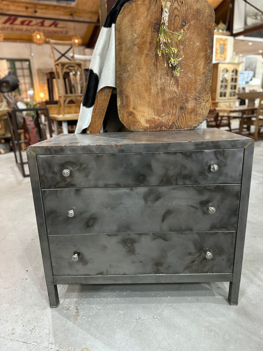 Three Drawer Stripped Metal Dresser