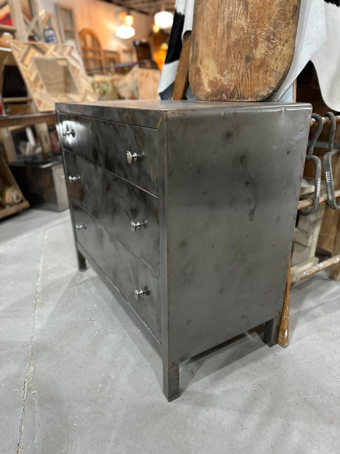 Three Drawer Stripped Metal Dresser
