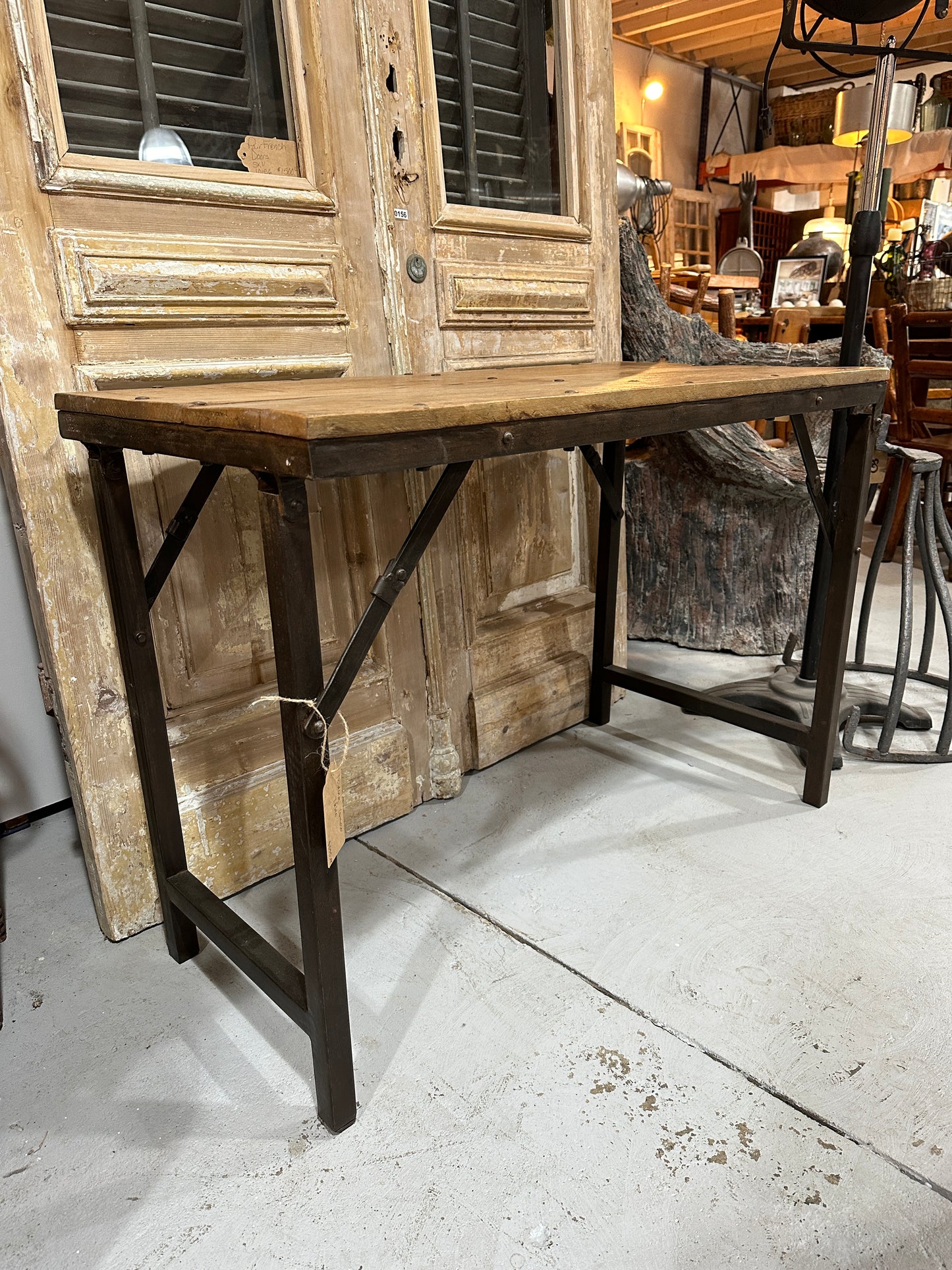 Folding Console Table, Wood Top with Metal Base
