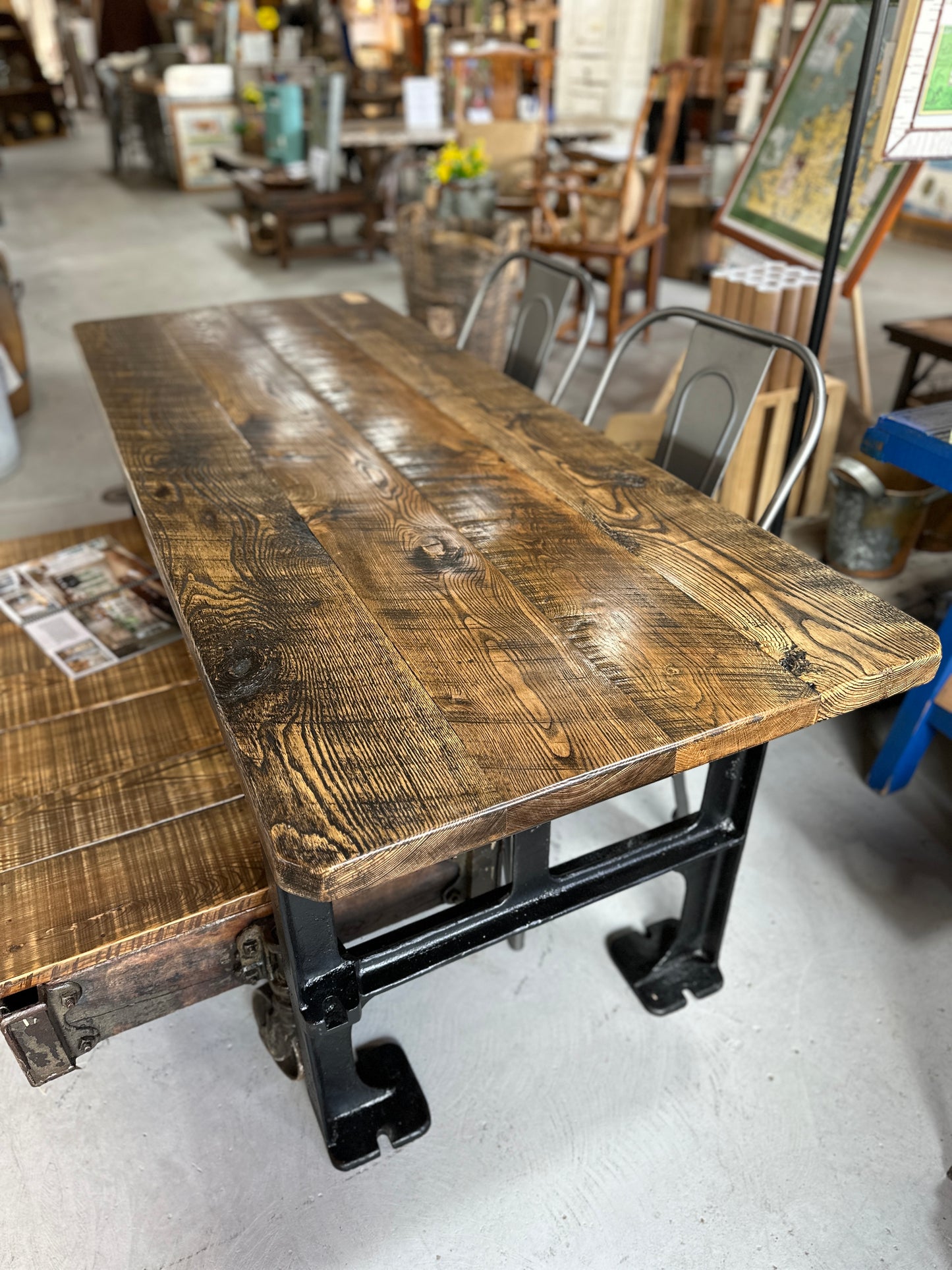 Oak Top Dining Table with Cast Iron Base