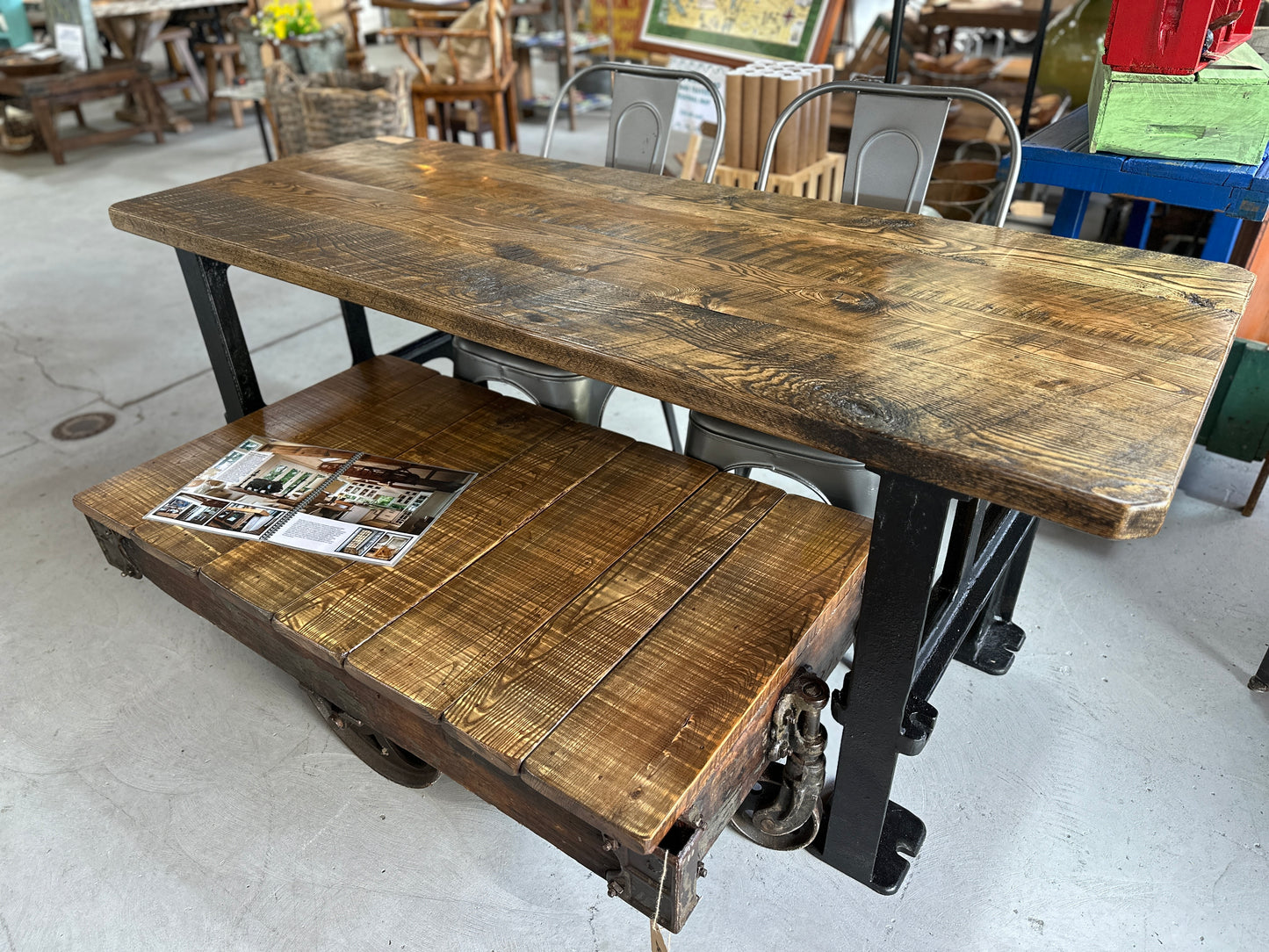 Oak Top Dining Table with Cast Iron Base