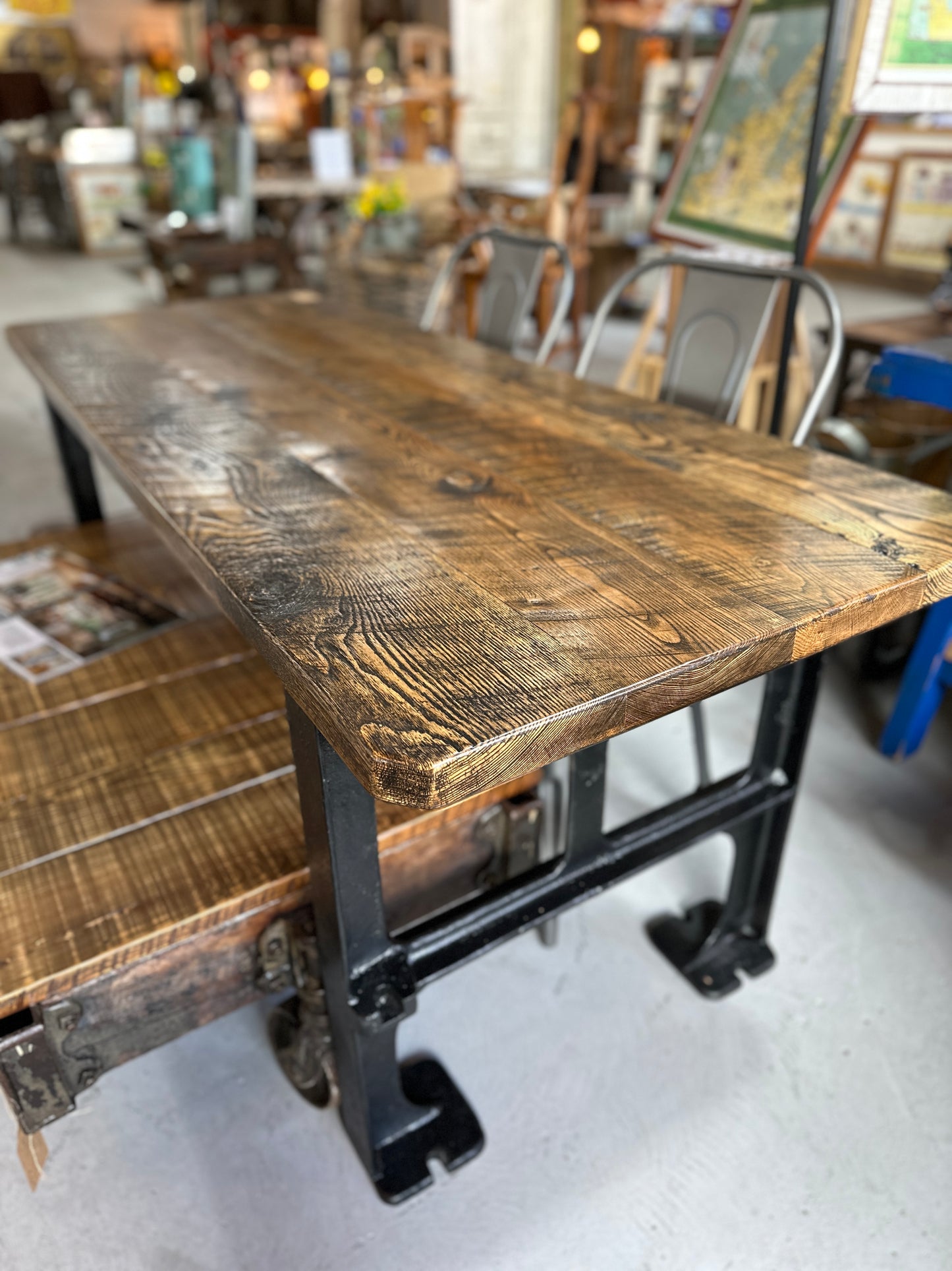 Oak Top Dining Table with Cast Iron Base