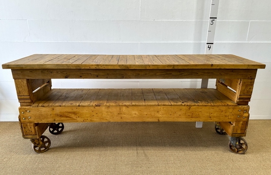 Industrial Wooden Work Table/Island on Casters