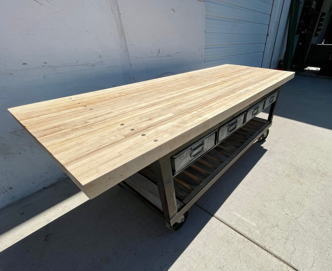 Rolling Butcher Block Island with 4 Metal Drawers