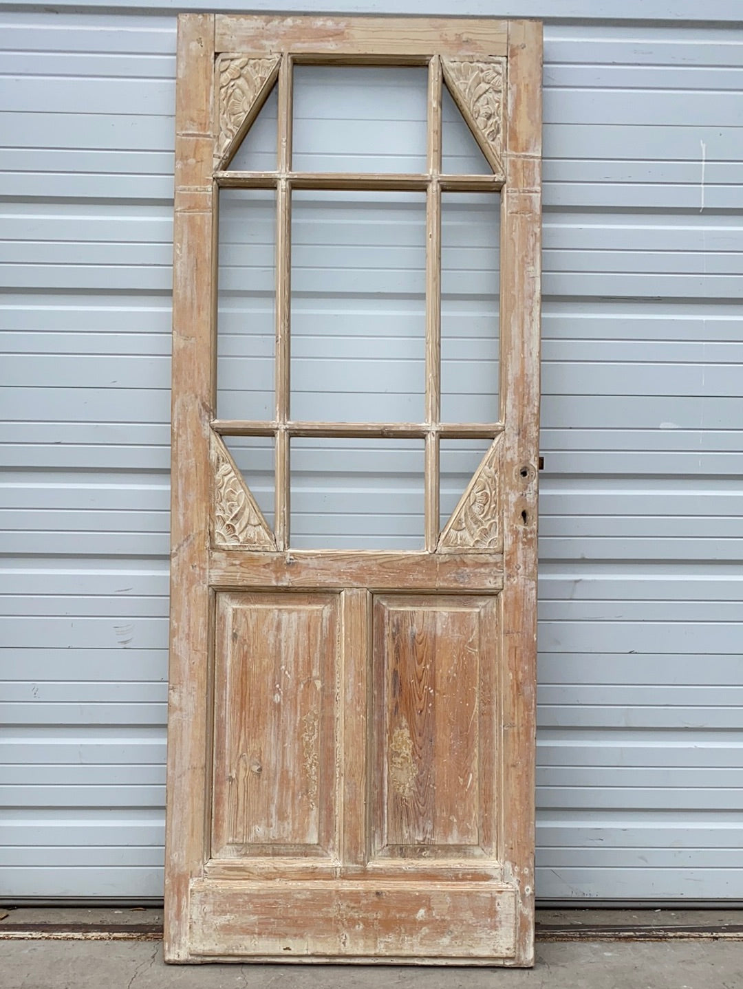 Antique 12 Lite Washed Wood Single Door with Floral Detail