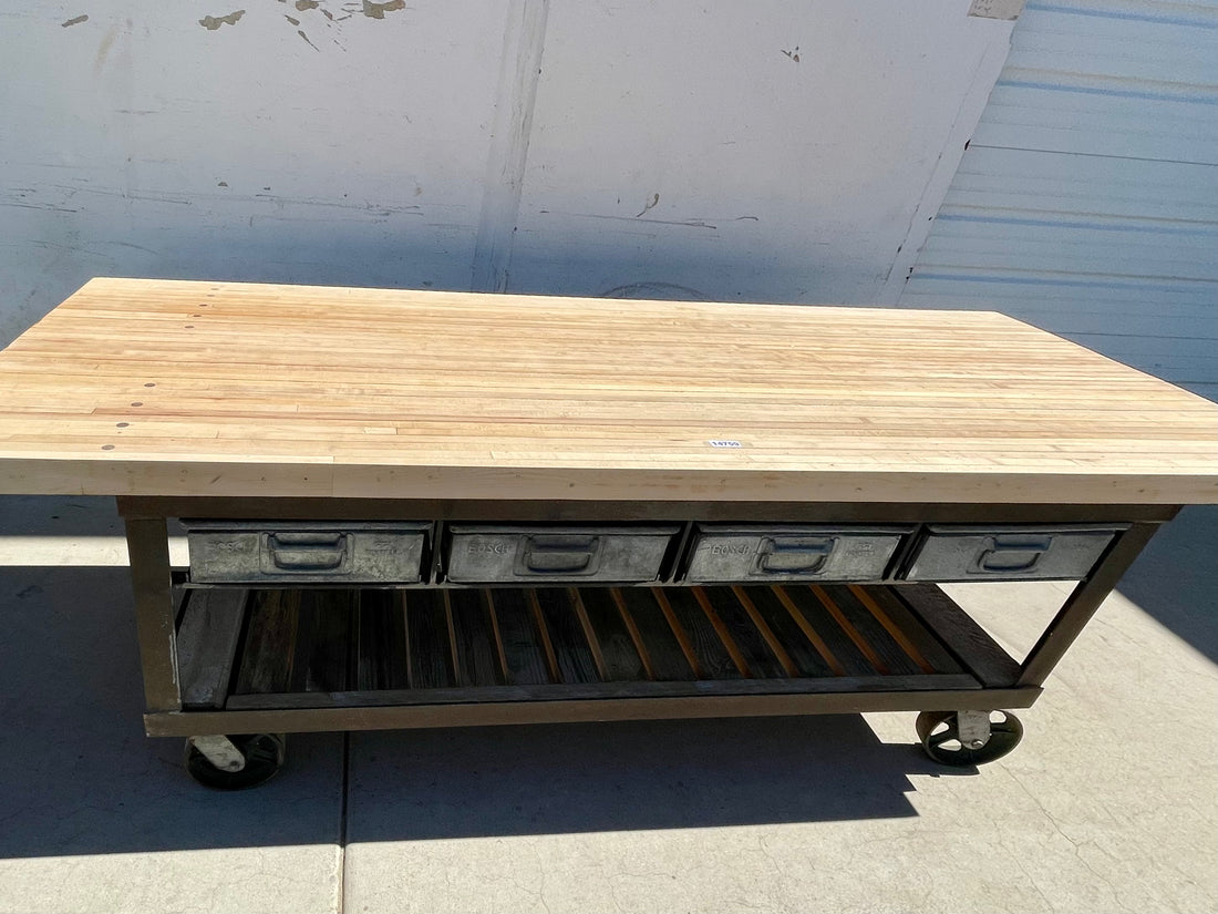 Rolling Butcher Block Island with 4 Metal Drawers