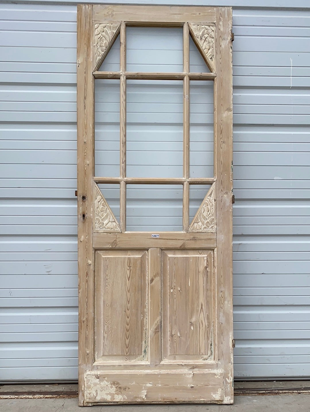 Antique 12 Lite Washed Wood Single Door with Floral Detail