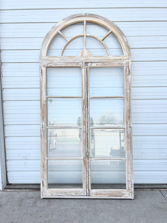 Pair of Washed Doors/Windows with w/8 Lites and Arched Transom
