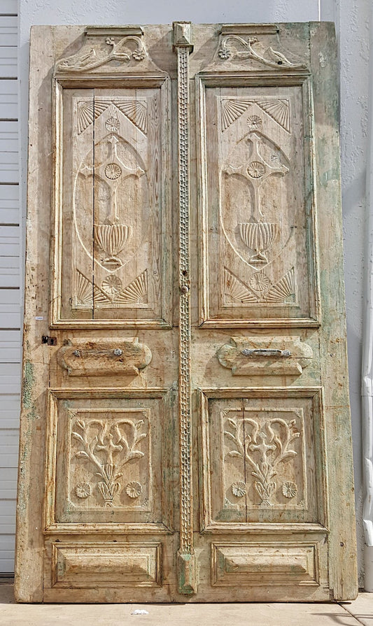 Single 4 Panel Ornate Carved Wood Antique Door