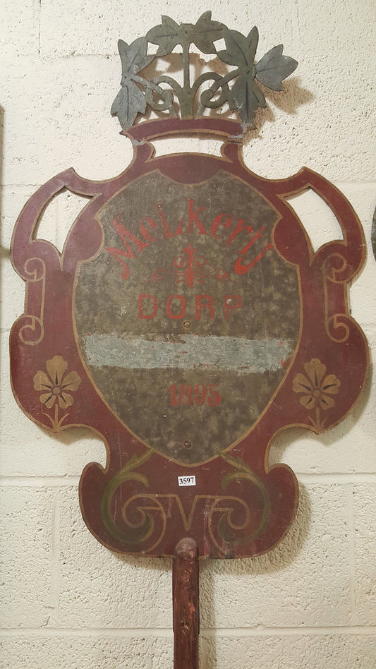 Dutch "Dairy Village" Parade Shield Metal Sign on Wooden Pole c.1895