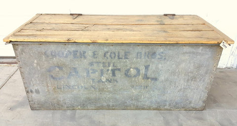 Repurposed "Cooper & Cole Bros" Metal Trunk with Reclaimed Barnwood Top