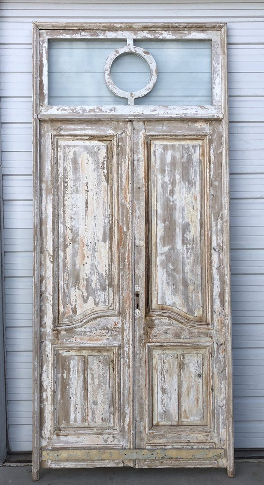 Pair of Framed 3 Panel Distressed Doors with Circle Transom