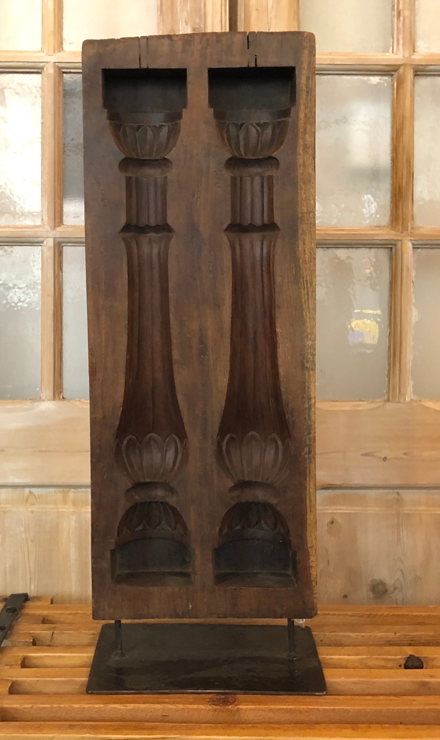 Large Carved Wood Molds with Iron Stand