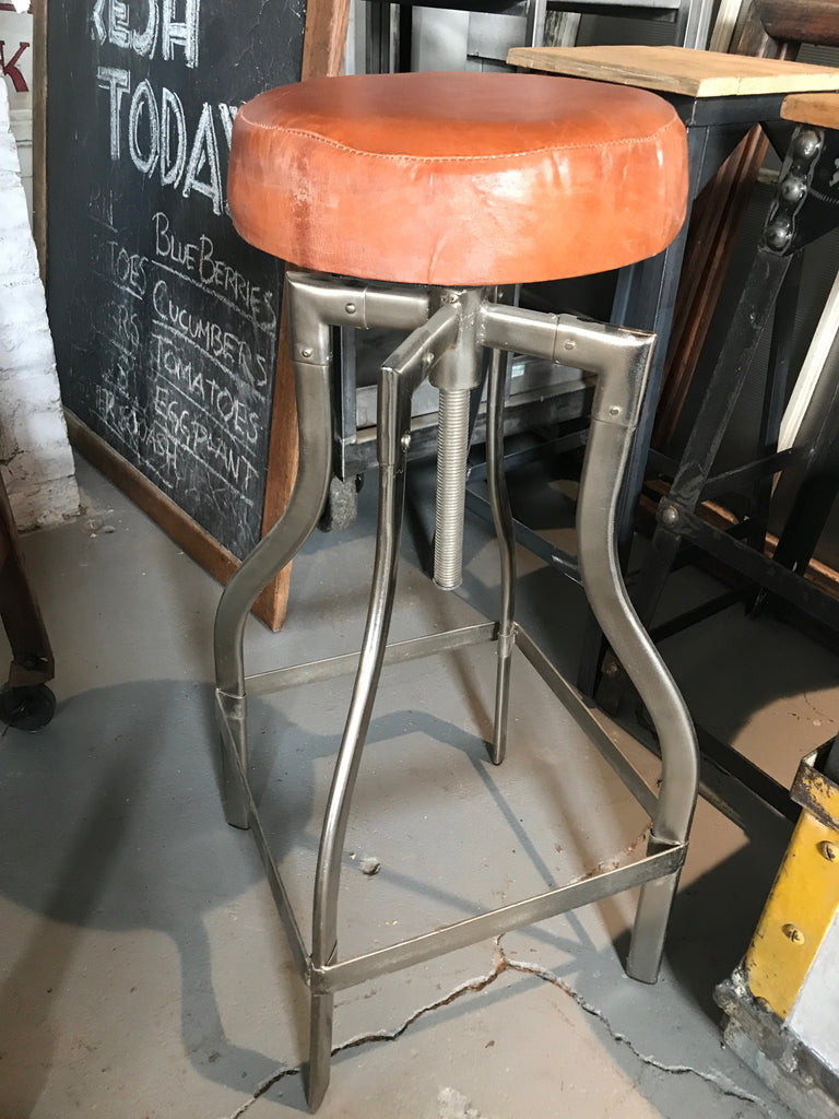 Nickel Finish Bar Stool with Swiveling Leather Seat