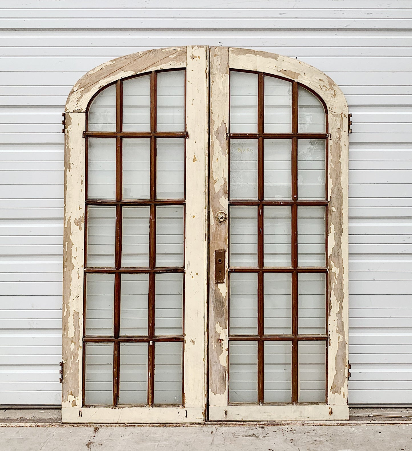 Pair of 15 Lite Painted Arched Antique French Doors