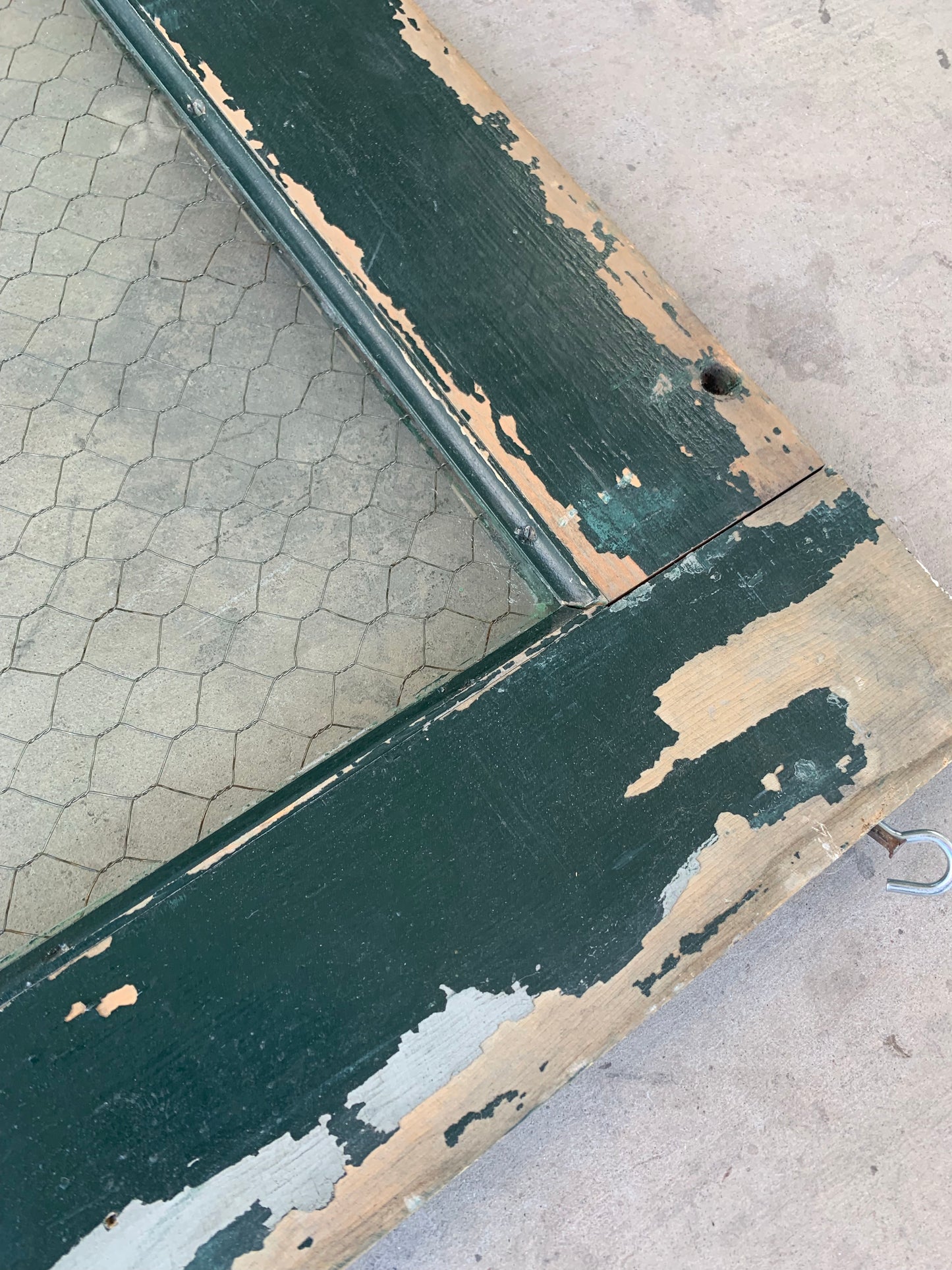 Single Pane Green Wood Window with Chicken Wire Glass